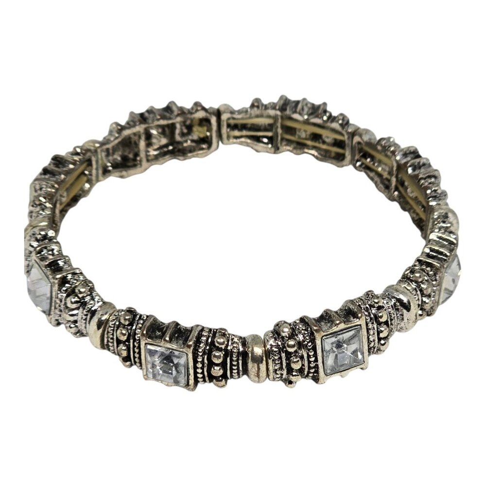 Vintage Silver Tone Stretch Bracelet Clear Rhinestone Crystal Square Ornate - Picture 4 of 10